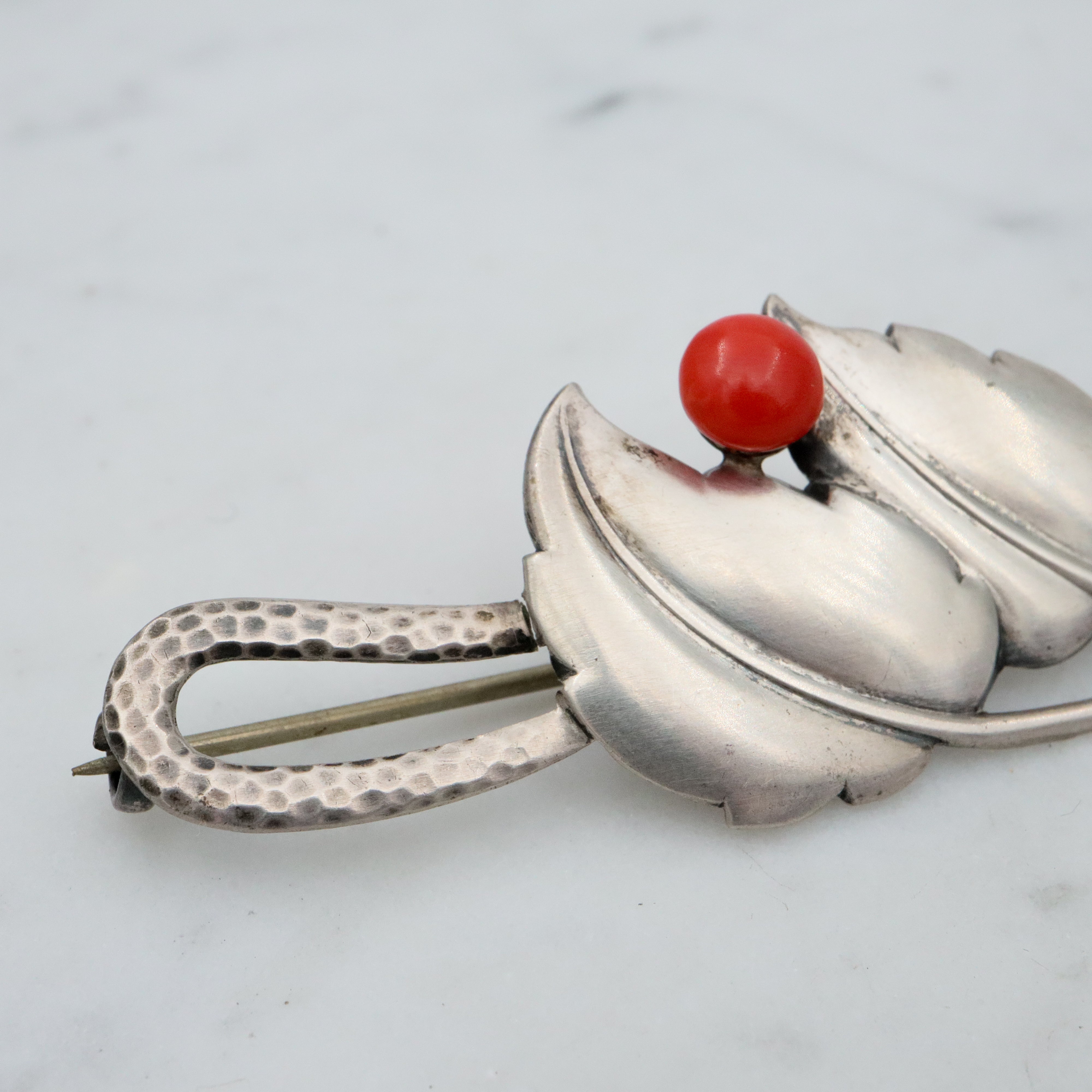 Antique Scandinavian Art Deco sterling coral leaf brooch